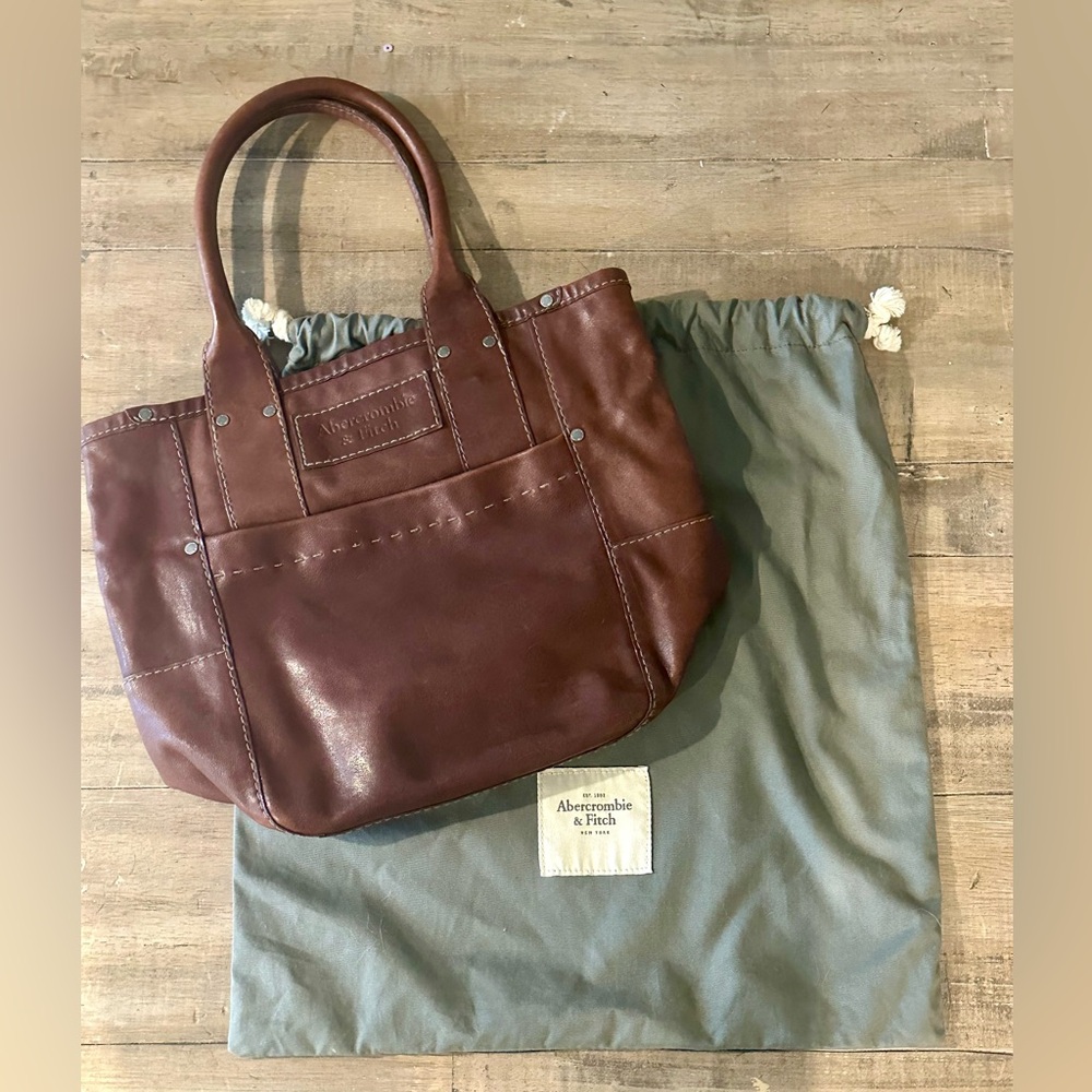 Abercrombie & Fitch Brown Leather Tote Bag Shoulder Shopper Carryall Vintage Y2K